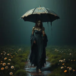 hauntingly visceral matte oil painting of an aristocratic female zombie facing forward, on a muddy path in an empty dandelion meadow in the pouring rain, holding a tattered and torn umbrella. The scene exudes a sinister, profound, dramatic, and fantastical dark dream atmosphere. The composition is dynamic, with complex contrast and a sinisterness that invites both fascination and unease, style by Michael Whelan and Hieronymus Bosch and Goya