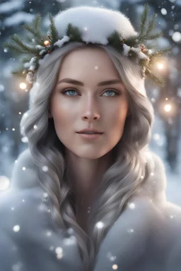 "Generate a photorealistic portrait of a winter goddess amidst a snowy landscape, embodying the spirit of December. Infuse elements of holiday joy, such as twinkling lights, holly, and a faint glimpse of a distant town celebrating Christmas."Ensure the final images exhibit the utmost quality, encompassing 4K, 8K, 64K resolutions, with 3D rendering that manifests in photorealistic, hyperrealistic, and highly detailed representations. Employ techniques such as HDR, UHD, and Unreal Engine v5 for a