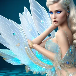 beautiful blonde fairy, blue eyes, in a magical ambiance, transparent wings, delicate colors, finely tuned detail, ultra high definition, 8 k, unreal engine 5, ultra sharp focus