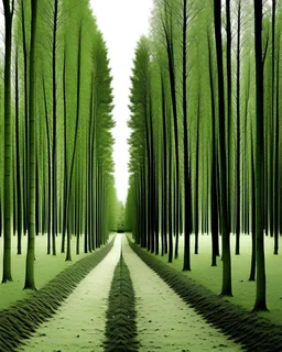 The green woods on the left and the dry woods on the right are symmetrical on the left and right. One person planted trees.