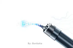 A high-end professional logo design blending a precision CNC tool bit with flowing digital AI neural network connections. The visual style is sleek, combining metallic silver engineering components with glowing electric blue fluid lines. On a clean, professional white background. Centered text, very legible, reading 'AI ART MAGIC' in a bold, modern sans-serif font. Directly underneath, the tagline 'By: Banbakan' in a smaller, elegant, refined, and clean font. Luxury tech branding style, vector g