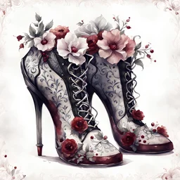 watercolor draw gothic vintage women's shoes, dark red with flowers, white lace and rubies, white background, Trending on Artstation, {creative commons}, fanart, AIart, {Woolitize}, by Charlie Bowater, Illustration, Color Grading, Filmic, Nikon D750, Brenizer Method, Side-View, Perspective, Depth of Field, Field of View, F/2.8, Lens Flare, Tonal Colors, 8K, Full-HD, ProPhoto RGB, Perfectionism, Rim Lighting, Natural Lightin
