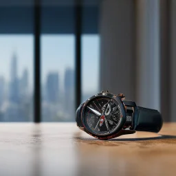 very close up of a very big luxury wrist watch with dark mirror glass stands on table in balcony skyscraper and reflects modern city environment image , to the camera ,centered.