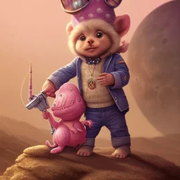 1yo little szymon is on safari onthe moon. riding a pink dinosaur. he has big and a funny hat. High detailed. Cinematic. Digital painting. Warm lights.