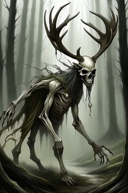 wendigo with deer skull covering head and face and emaciated full body image