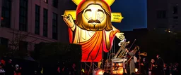 200 ft tall floating cartoonish jesus parade balloon pulled by multiple grim reapers, multi colored, bright, vivid, psychedelic, high detailed, high gloss, insanely detailed, matte, horrorcore and the grim reaper university drum and bugle core