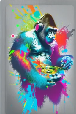 action shot of a Gorilla with headphone mixing two CDs with big Dj controller, Fractal art, tshirt vector, enclosed in a rectangle, vivid colours, sunshine, contour, white background