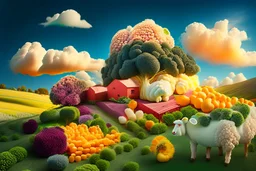 lifelike photography, vegetable and fruit landscape, broccoli forest, chive field, cauliflower sheep, orange sun, whipped milk clouds, raspberry flowers, cheese barn and haystack in sunshine, surrealistic