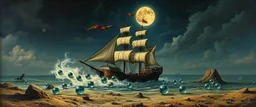 master oil painting by Rembrandt, good afternoon clay moon chill hyper bigger than life zebra dream smoking trickster golem peeking out of a sand twister whirlwind cocoon, all inside a bottle ship and there are lotsa huge glassy marbles