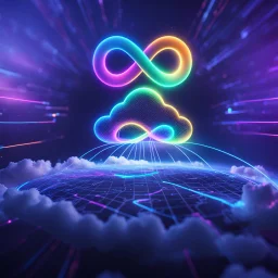 Colourful 3D glowing infinity symbol ∞, hovering above a colourful glowing cloud, network and lights coming from the cloud onto a futuristic map of the globe, inspiring, neon, glowing, friendly, beautiful, octane render, 8k post-production, artstation: award-winning: atmospheric: commanding: fantastical: clarity: 16k: ultra quality: striking: brilliance: liquid medium: stunning colors: amazing depth; lens: f/8, 28mm