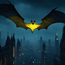 Batman Universe, Gothic cityscape, yellow light bat signal in sky over gotham city, dramatic, unreal engine, 8K, HD, foggy night, modern neo-gothic buildings lit up,