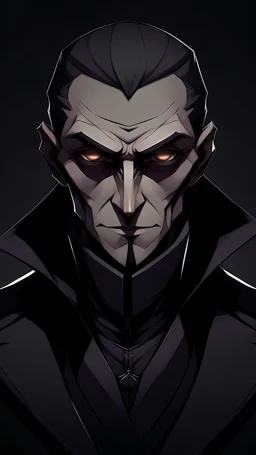 Design an anime portrait of a villainous character with a menacing expression and dark, shadowy elements.