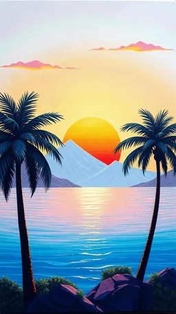 Oil on canvas, SILVER sunset with beside two palm tree displayed, vibrant colors, flat GLOSSY perspective, stylized pastal white mountains, stylized bodies of water, stylized sea water, simple shapes, stylized clouds, vibrant and detailed colors, soft lighting, digital art style, detailed terrain, simplified , flat design,WHITE