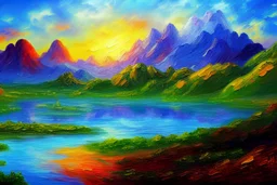 Epic landscape with mountains and lagoon, concept art, impressionism influence, realistic painting