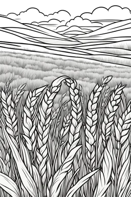 coloring page, field of wheat, cartoon style, thick lines, low detail, no shading