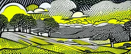 A golden yellow savanna with an arena in a thunderstorm painted by Roy Lichtenstein