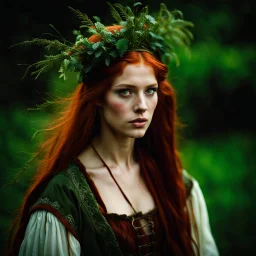 Portrait of a young peasant girl aged 18, long red hair and green eyes. dark fantasy.