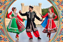 1 man and 1 girl in Azerbaijani costume ,dancing Azerbaijan folk dance together