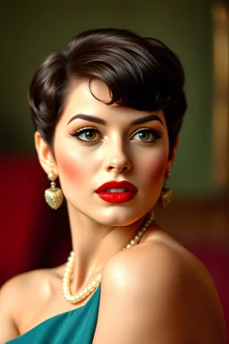 1950s pin up style portrait of a famous beautiful brunette actress looking luxurious with pixie cut and big red lips