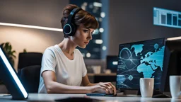 The medium close photo from a brown short hair woman sitting in front of her computer at night in t-shirt. She working in dark in a futuristic, hightech office. Pale lights, She appears to be focused on the task at hand. Her silhouette illuminated by the light of the monitor. There are multiple coffeecups on the desk, blur futuristic office background with pale light, realistic, deep colors, high detailed, sharp focus, perfect shot, professional photo