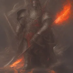 Knight guard far away. Shiny bright papper scroll. Weapon. Sharp. Damascus steel. Black. Technical details. Red. Doom dark. Meteorite. Fire.