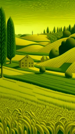 A yellowish green farmland with corn crops painted by Grant Wood