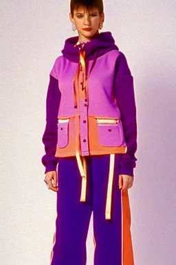 late 1990's women fashion.interesting hoodie with long tippet integrated to bolero. Karjalainen kuvio, Karjala, low waist, baggy, Combat pants.Colors: denim blue, blue, purple, khaki, "pastel light green", lilac, plum, orange, terracotta, red, pink, dark blue, beige. Women models. Starling pattern prints.Jennifer Lopez, Gwyneth Paltrow. intgrated bag. Big tennis shoes on. Cargo pants. Hat with a visor, integrated to AKG-style headphones.