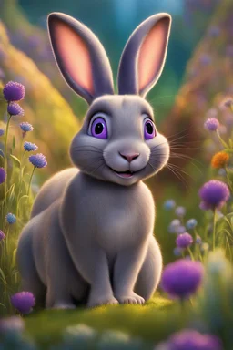 Movie poster for a Disney-Pixar movie called "Amie" about a giant gray flemish giant rabbit with purple eyes and big eyelashes