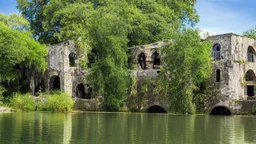 A ruined stone building in a lake, balconies, verandas, arches, bridges, spires, stairs, trees, dense foliage, spanish moss, ivy, blue sky, white clouds