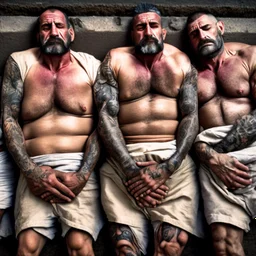 close up 35mm lens, top view of three gipsy prisoners 45 years old sleeping laying down inside a dirty jail, ugly, bullneck, strong beefy, in tank top, manly chest, tattoo, misery and poverty, photorealistic, ultradetailed, 32keyes