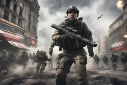 Call of Duty HD faces soldiers in battle scene gameplay first person 8K behance octane render aduring airplanes bombing Piccadilly Circus