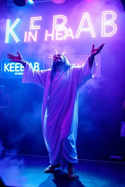 An "Kebab man" performing at dance club, his name is "Kebab man" and looks crazy, Jesus on stage, White and light blue Neon lights and smog, "KEBAB IN HEAVEN" SIGN ON WALL