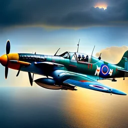 fullbody Drawing of 'Supermarine Spitfire (UK)- Aircraft of WWII',intricate detail,andrea bonelli,Kilian Eng,Ohrai,evan lee,Aleksandr Sidelnikov,KyuYong Eom,three quarters frontal aerial view,toned colors,16k