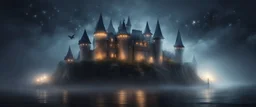 Hyper realistic huge haunted castle in a heavy foggy night with fireflies between an ocean