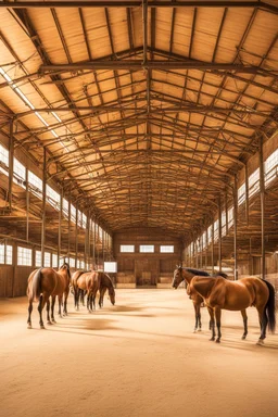 Exhibitor show hall with horses in a horse stable