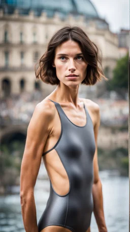 beautiful anorexic young woman, total shot, short shiny anthracite triathlon swimsuit, short brunette wavy bob hair, blurred city background