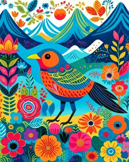 A Birds and Flowers, Kids can have fun the different patterns and designs on the body. Design with a bird standing in a grassy meadow with mountains. in the background." with bright and happy colors. and whimsical decorations. in vibrant hues