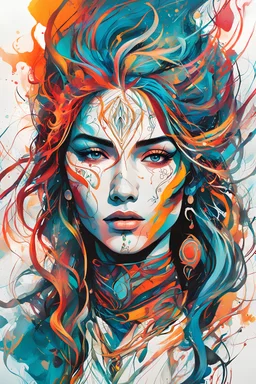 create an abstract expressionist illustration of a deeply spiritual, ethereal, darkly magical, epic nomadic tundra huntress with highly detailed and deeply cut facial features, searing lines and forceful strokes, precisely drawn, inked, with vibrant striking colors