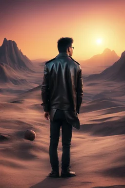 Clean cut asian man in a leather jacket on a strange planet looking at the sunset