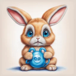 Picture, drawn with colored pencils, in the style of hyperrealistic animal illustrations, light amber and red, cartoon cute bunny with big eyes and long eyelashes, sitting with a pacifier in his mouth, wearing blue shorts, white background only