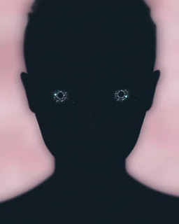 A surreal, abstract portrait featuring a dark, shadowy face with large, sparkling eyes that resemble galaxies. The background is a soft gradient of pink and white, creating a dreamlike atmosphere that contrasts with the starkness of the face. The overall effect is otherworldly and intriguing, inviting contemplation.