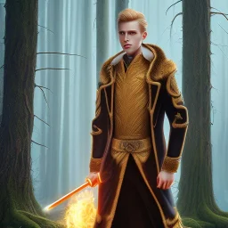 Male, Human, Blond, Sorcerer, Fire Mage, Golden Eyes, Young, Photorealism, Full Body Shot, Forest Background