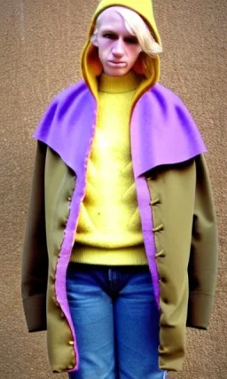 Camouflage colors are terracotta, cream and purple, lilac and Cream latex! European cool, young blonde woman. Mantle is sewed of recycled Denim and sewed together of recycled polymer felt. Yellow(Munsell) areas. hint of orange as effect color!!Big bright purple/khaki felt tippet and cream or blue or lilac colored-hood. mantle is merged with satchel. . AKG-style headphones (gold rings!) is merged with small felt cap with small visor. Style: Haute Couture in 1998