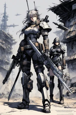 ink haiku by masamune shirow: post-apocalyptic desolated city. Three bioroids: death with a blade, dust with a rifle, and rust with a club.