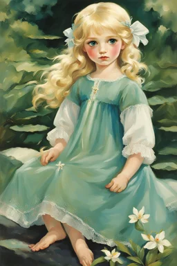 girl small in stature Her features were soft, and her blonde hair framed her petite face.she wore was a thin white nightdress, which ended just above her knees. green/blue eyes