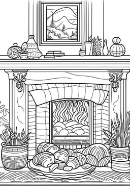 Cozy fireplace scene with stockings hung, clean line art, well outlined, white background, for kids coloring book.
