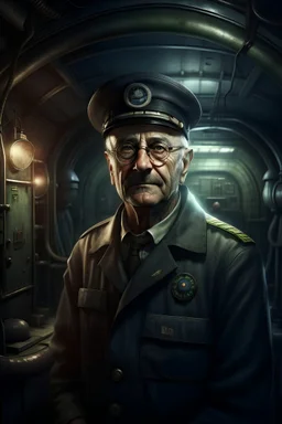 A portrait of a middle-aged german doctor stationed inside of a submarine. Make the background a room in the submarine. Realistic grimdark