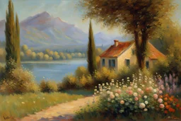 Sunny day, mountains, river, distant house, flowers, trees, claude monet and charles leickert impressionism paintings