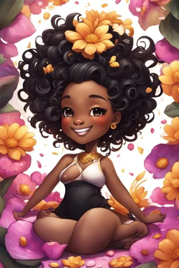 A sassy thick-lined airbrushed cartoon black chibi girl lounging lazily on her side, surrounded by flower petals. She has a golden lion tail curling playfully behind her curvy body. Looking up coyly, she grins widely, showing sharp lion teeth. Her poofy hair forms a mane framing her confident, regal expression.