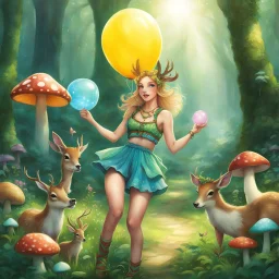 The psychedelic exuberance of Fiona the faery, in her crop top and high-waisted balloon shorts, she has fun and kisses Deery the deer [ow tasty these mushrooms are " we are now all dancing all the way to the village: We are laughing loud and loving nature and animals. This is a so great adventure for a ranger: being the Lover of the forest!]